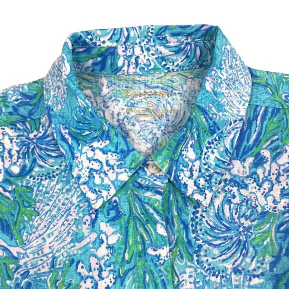 LILLY PULITZER Lagoon Linen Cover-Up Shirt Dress Women S Oversize Beach Resort - Picture 9 of 16